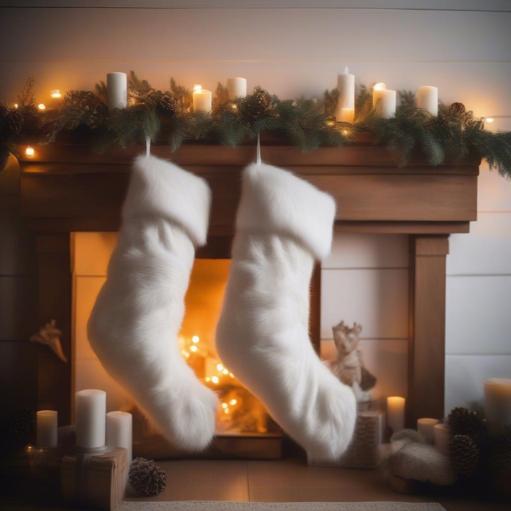 White fur Christmas stockings in a rustic setting