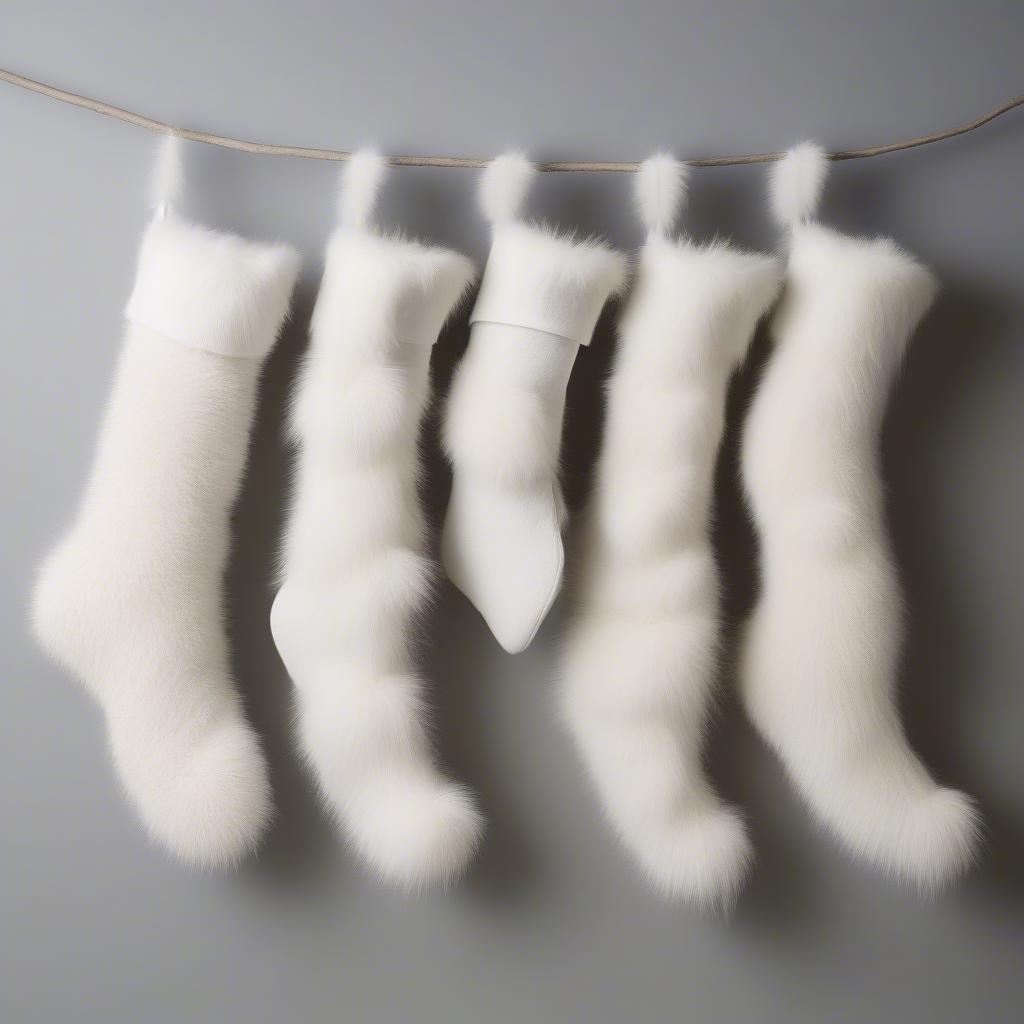 Variety of white fur Christmas stockings in different sizes and textures.