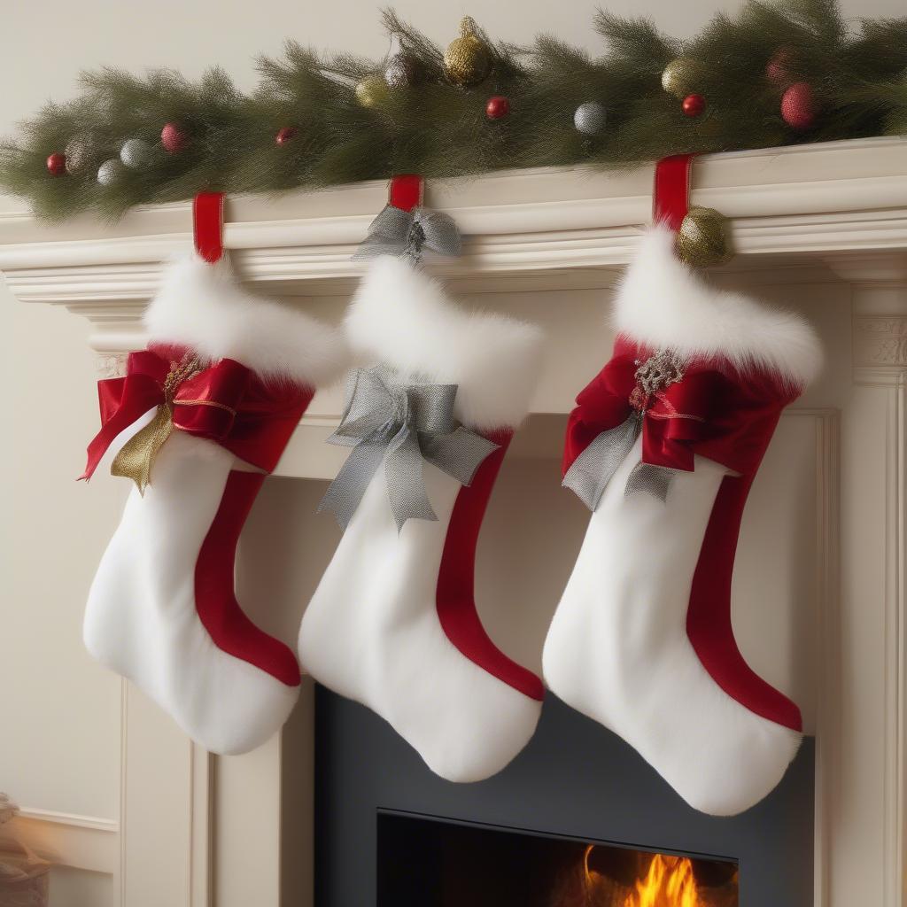 White fur Christmas stockings decorated with festive ribbons.