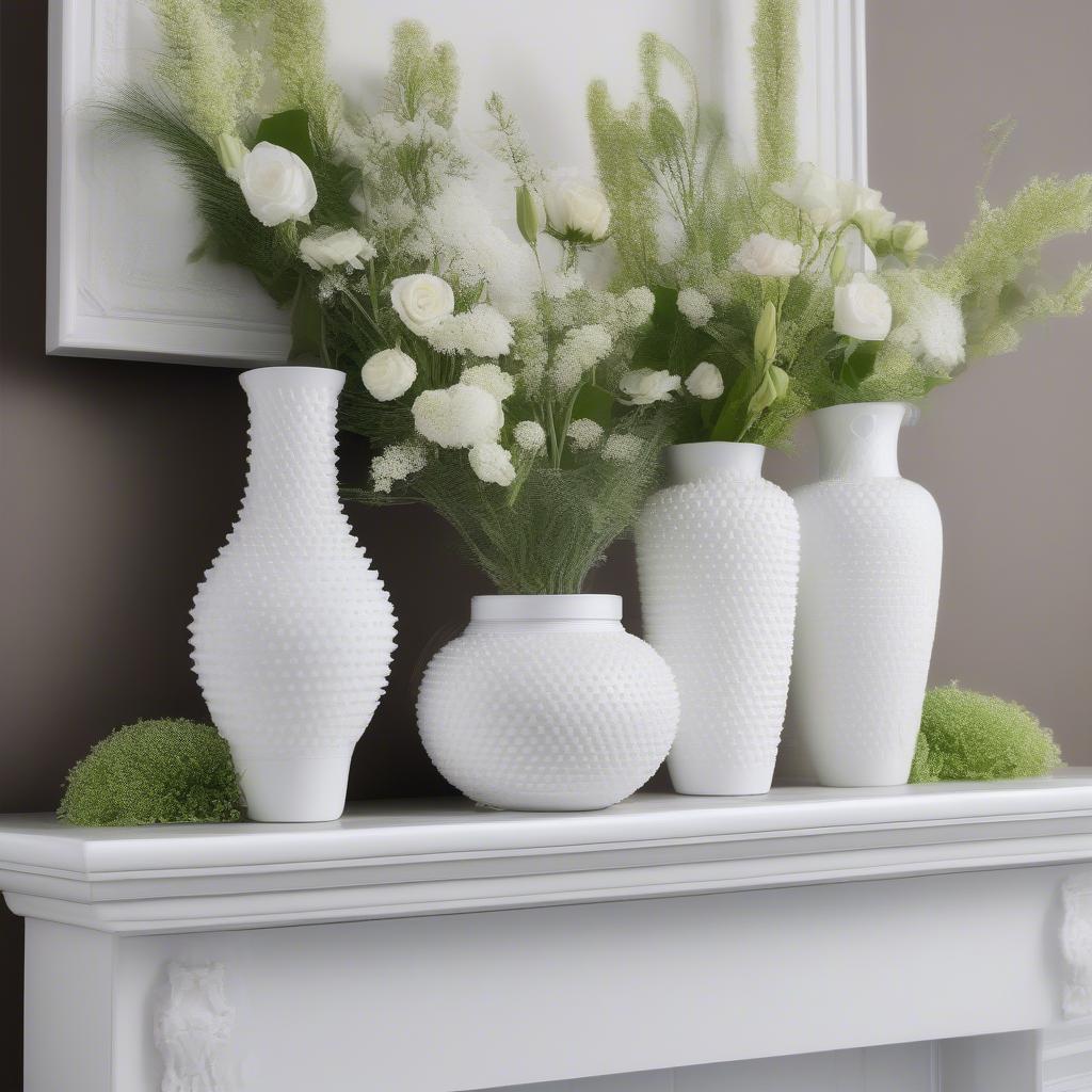 White Hobnail Vases on a Mantelpiece