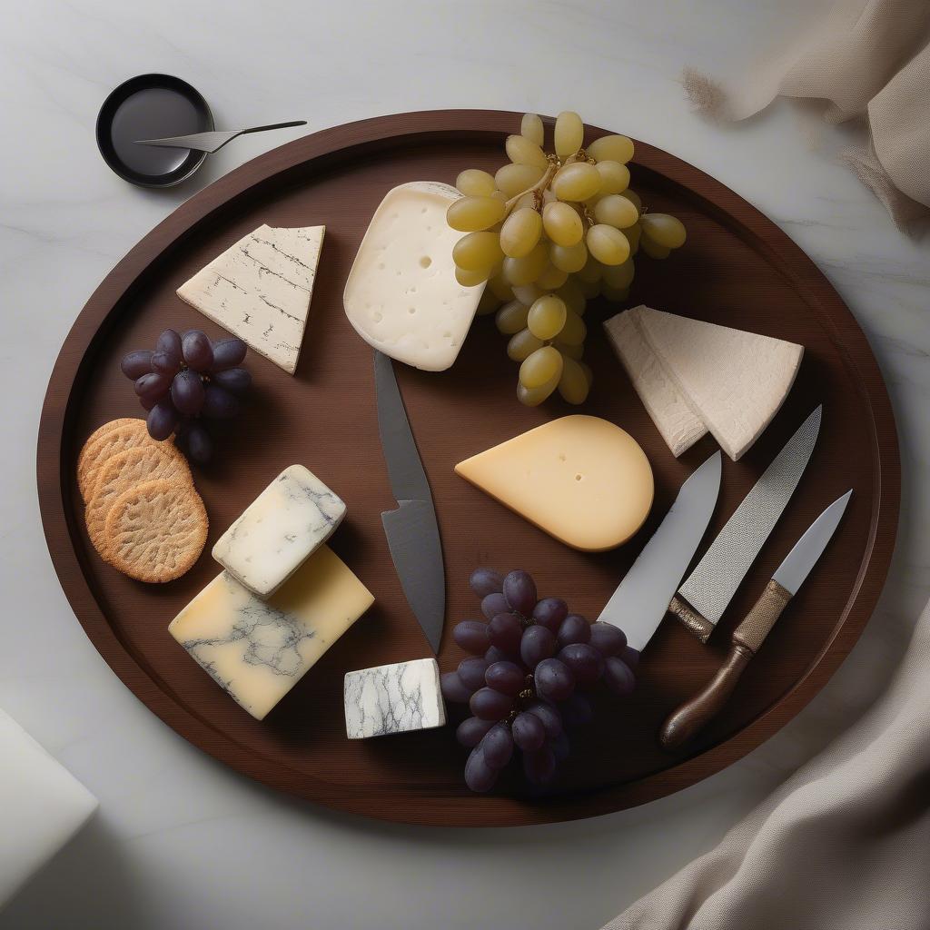 White Marble and Wood Serving Tray with Cheese and Fruit