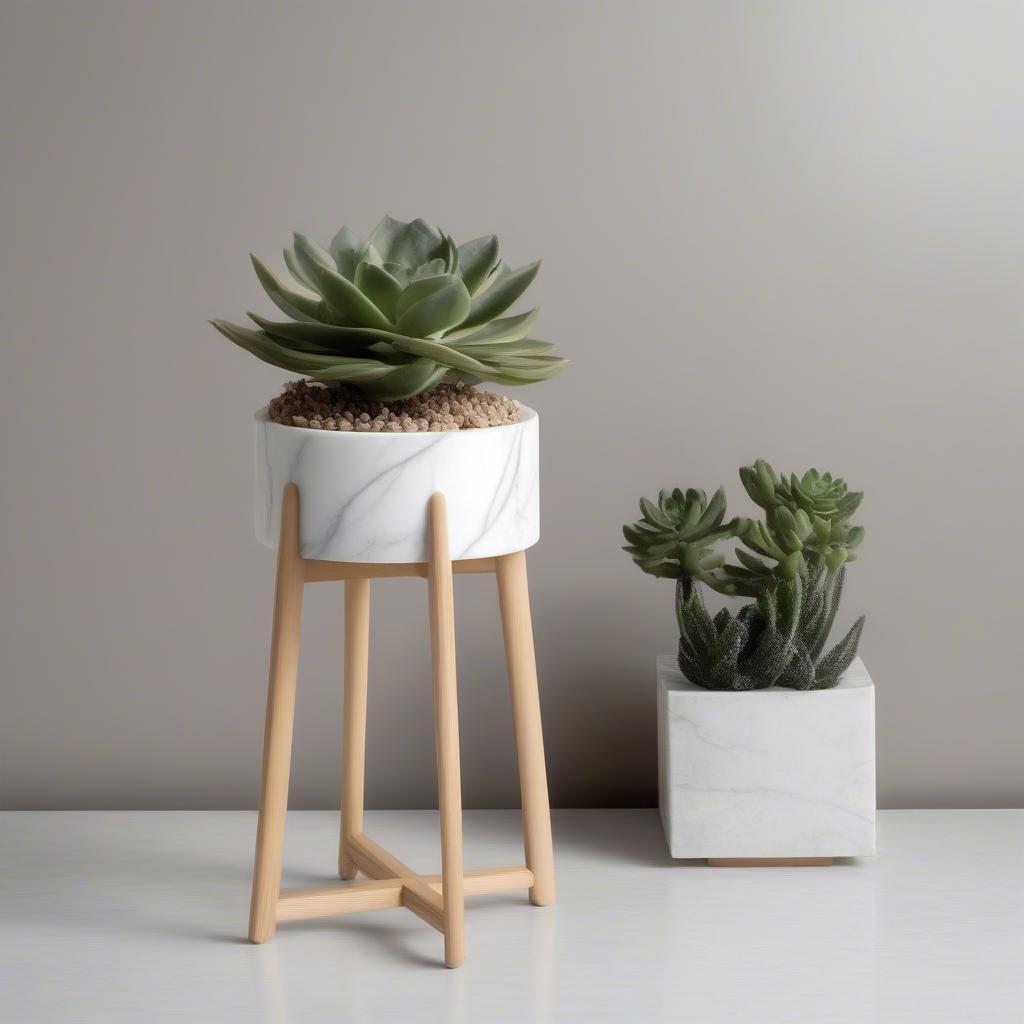 White Marble and Wood Stand with Plant