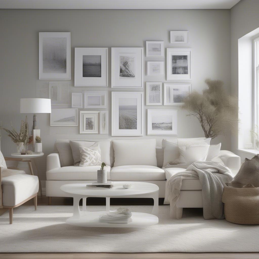 White picture frames with white matting displayed in a modern living room