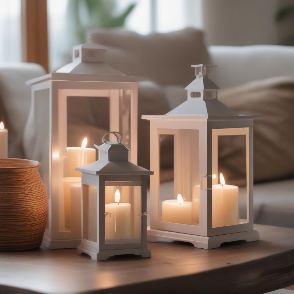 White Warmer Candle Lanterns in a Cozy Living Room