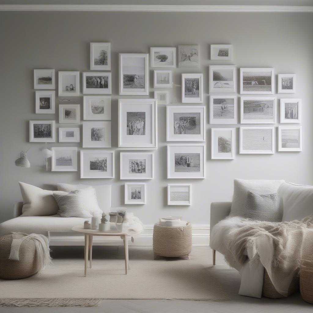 A gallery wall featuring a collection of white wash photo frames in different sizes.