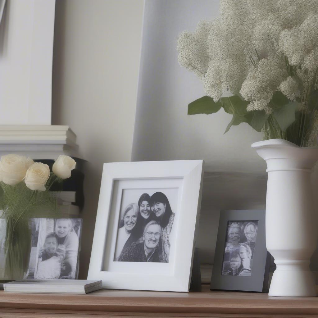 White wash photo frame displayed on a mantelpiece with other decorative items.