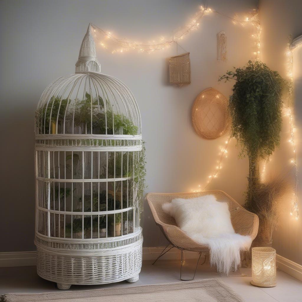 White Wicker Decorative Birdcage in a Living Room