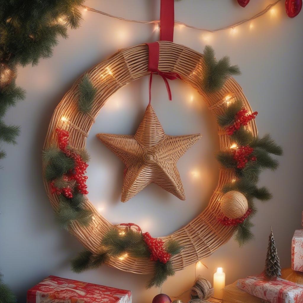 Wicker and Rattan Holiday Wall Decor: Wicker wreaths, rattan stars, and wicker baskets