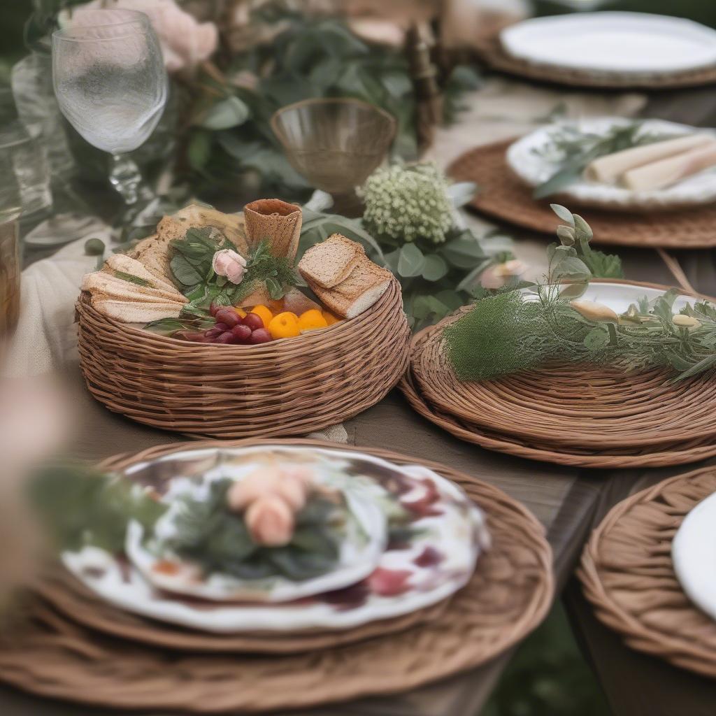 Wicker appetizer plates set for a garden party