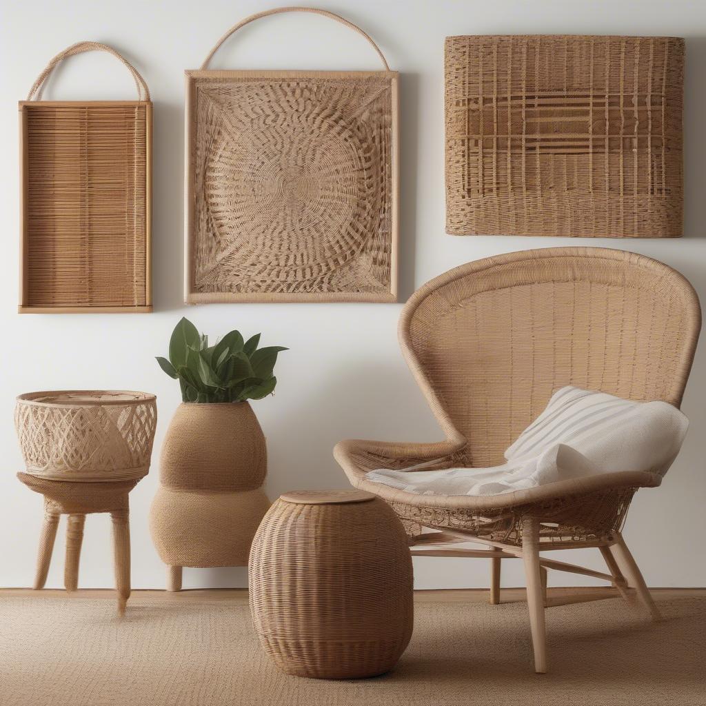 Examples of framed wicker art in different interior design styles.