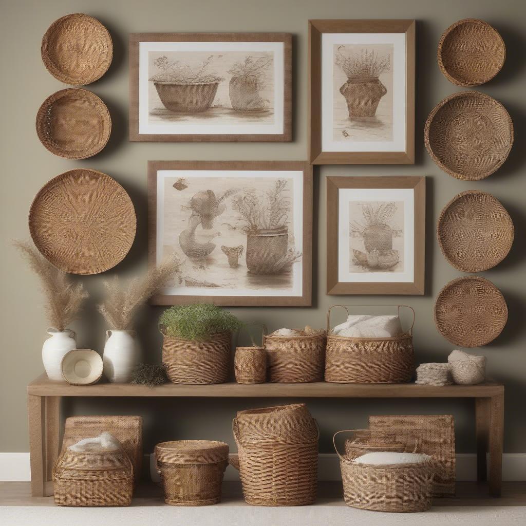 Wicker baskets and canvas prints used as wall decor