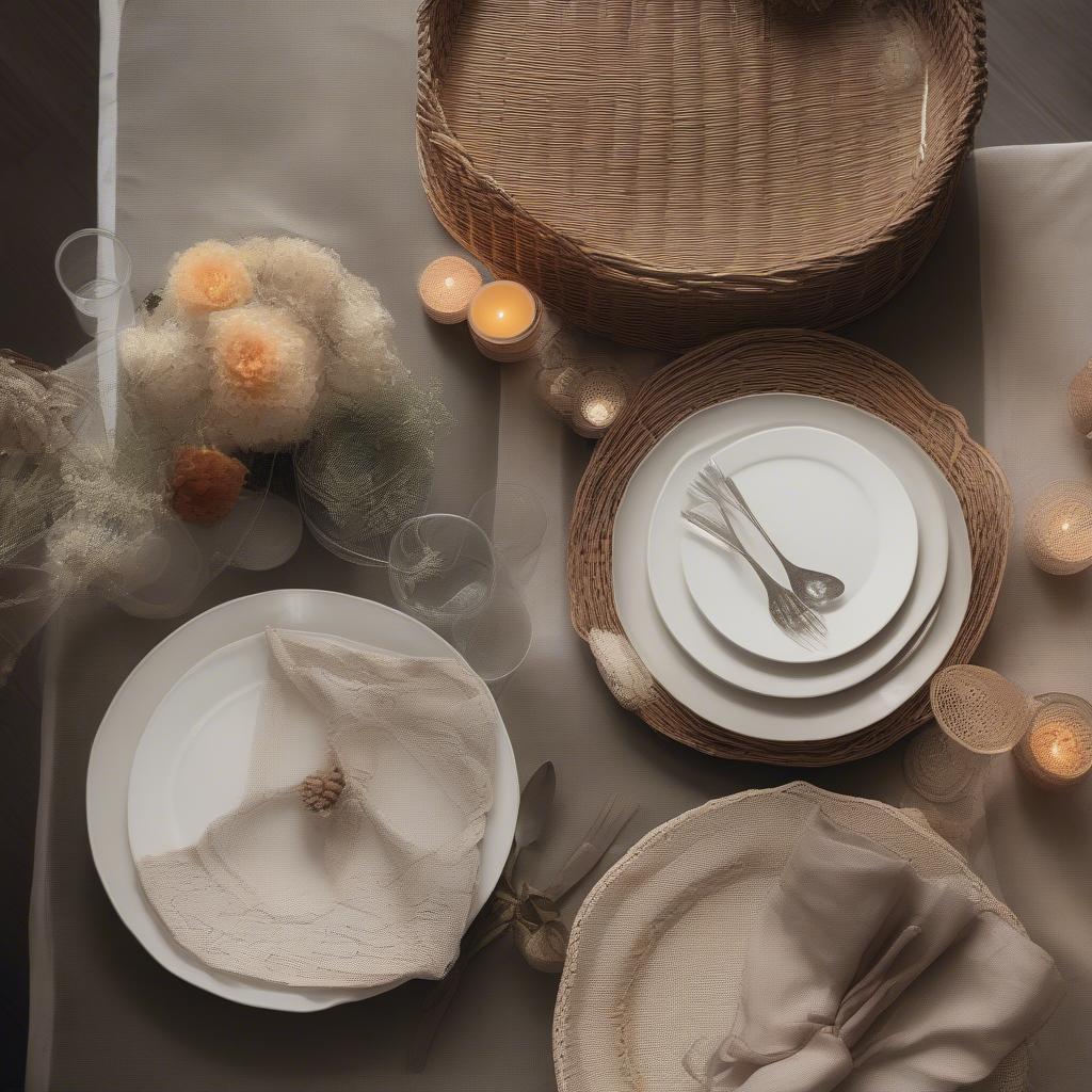 A Harmonious Table Setting with Wicker Baskets and Ceramic Plates