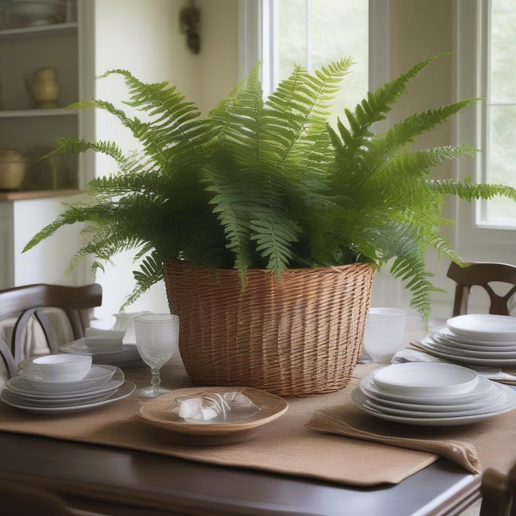 Wicker basket centerpiece with a large ceramic pot and green plant