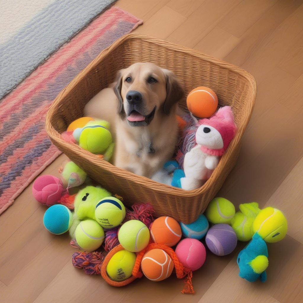 A wicker basket filled with dog toys