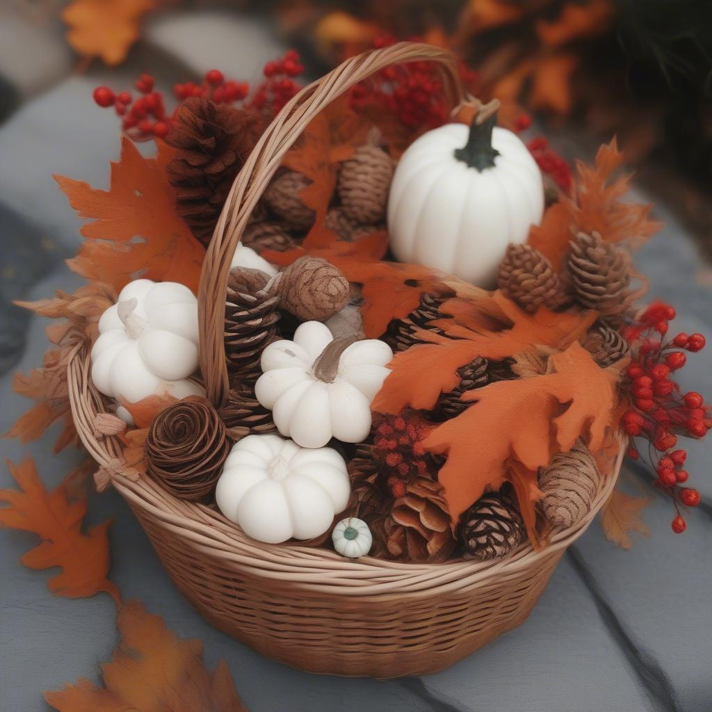 A wicker basket filled with autumn leaves, pine cones, and mini pumpkins.