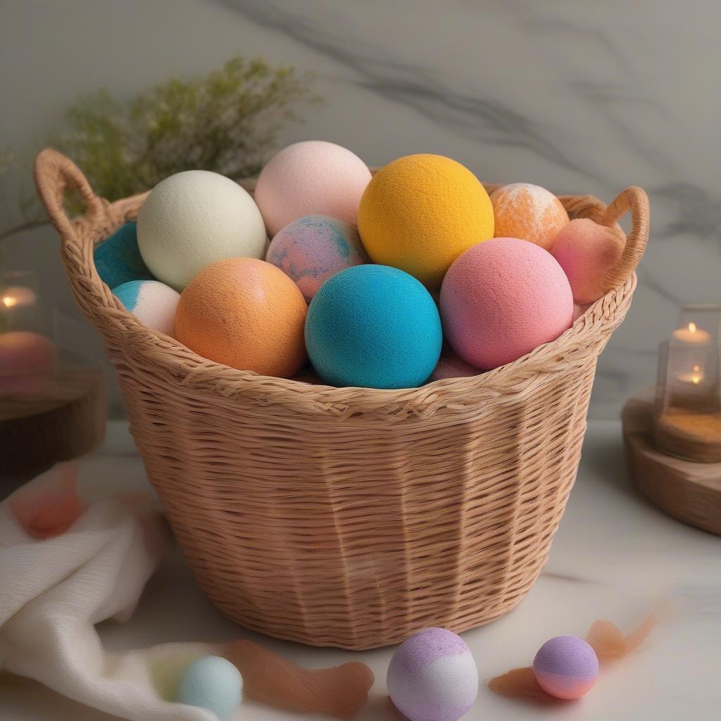 Wicker basket overflowing with colorful, fragrant bath bombs, perfect for storage and display.