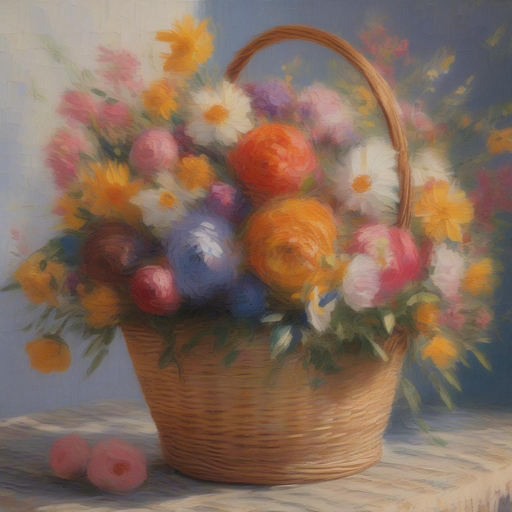 Wicker Basket with Flowers in Monet Style