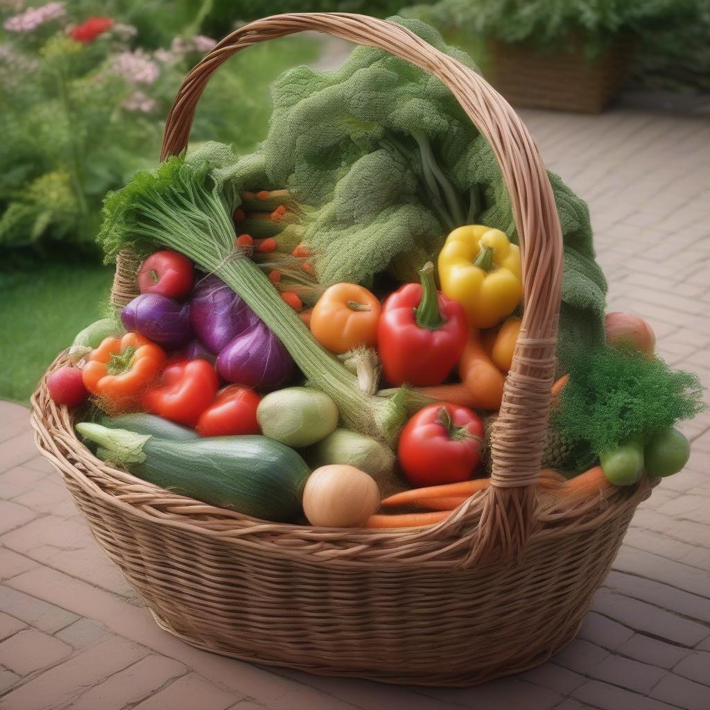 A wicker basket filled with fresh garden produce