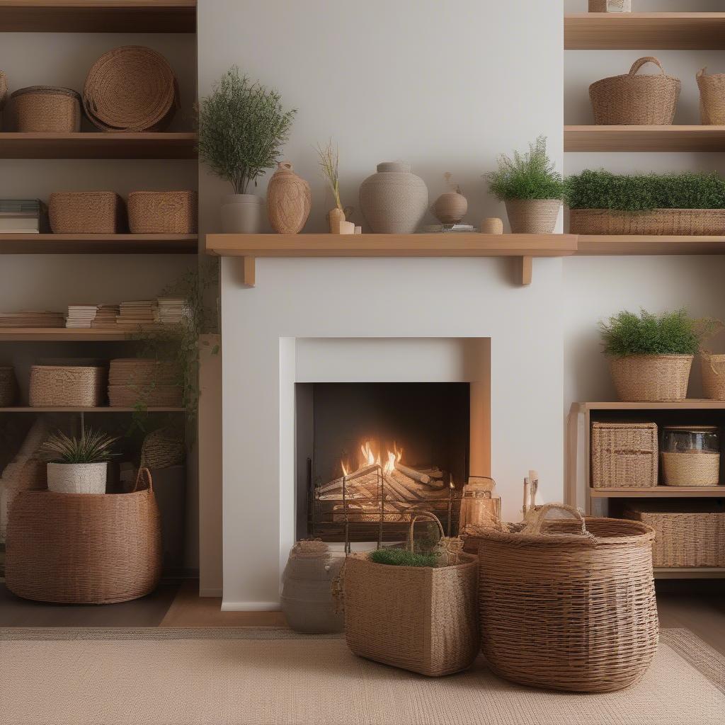 Wicker baskets used as decorative elements in a living room setting.