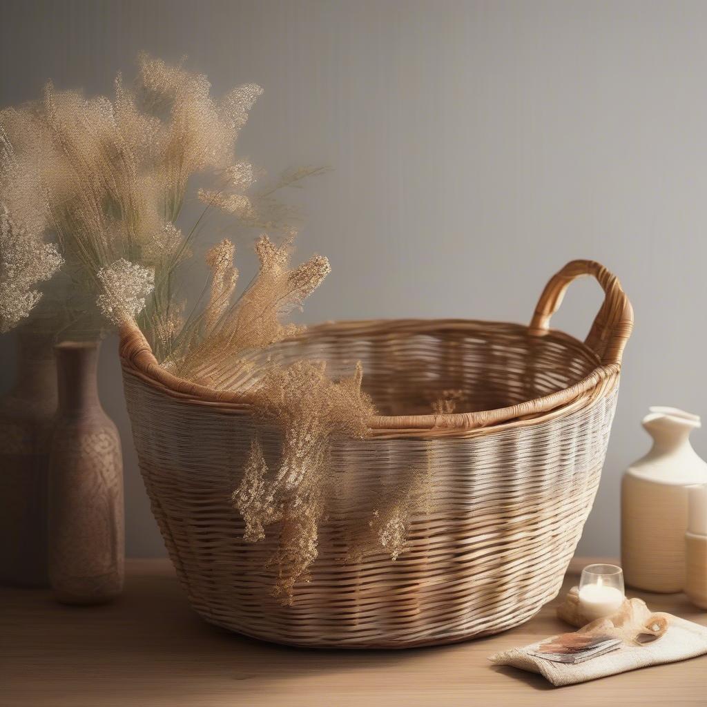 A wicker basket used as a decorative element in a naturally lit living room, filled with dried flowers and plants.