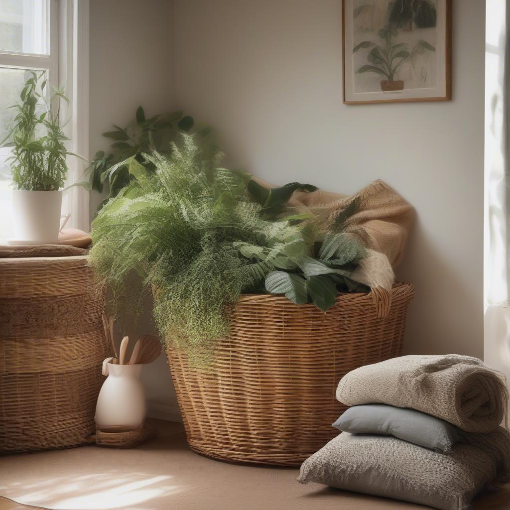 A natural wicker basket in a sustainable, eco-friendly home