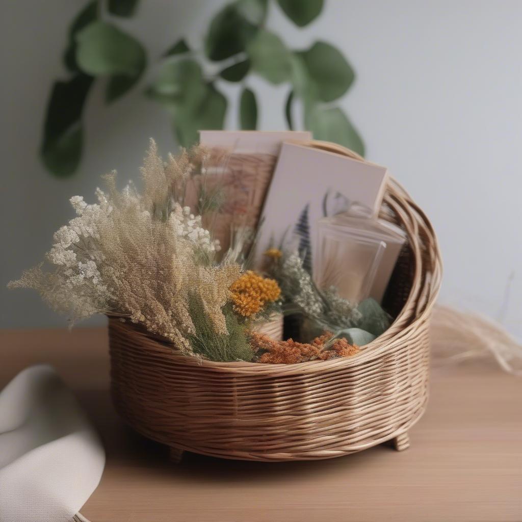 Wicker basket on a small wood riser