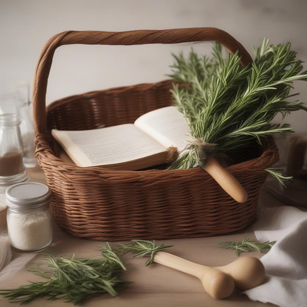 Wicker basket storing a vintage recipe book, surrounded by cooking utensils and fresh herbs on a kitchen counter.