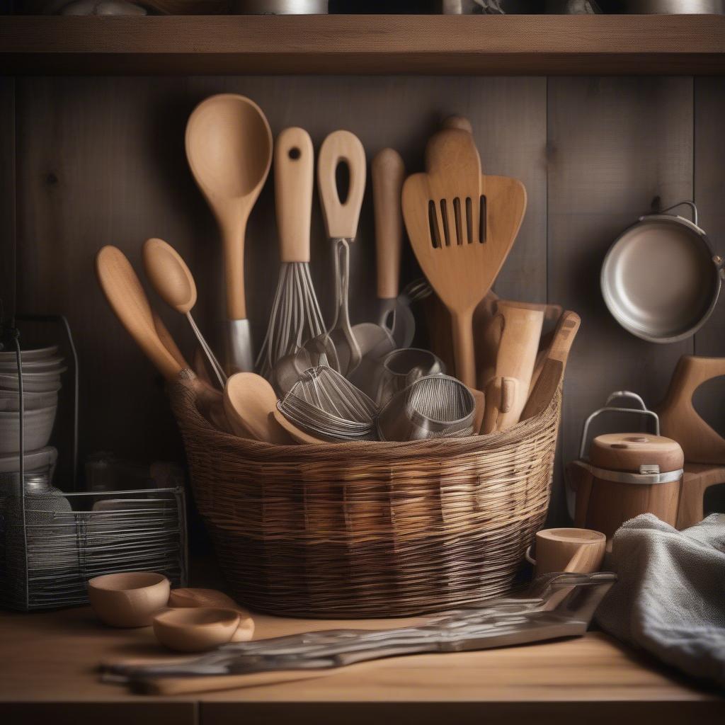 Wicker basket holding kitchen utensils in a rustic kitchen setting