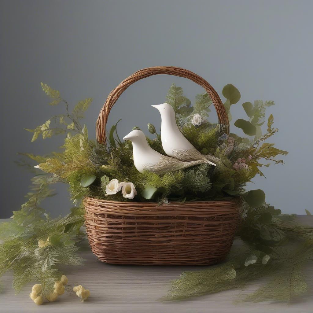 A wicker basket decorated with ceramic birds and greenery