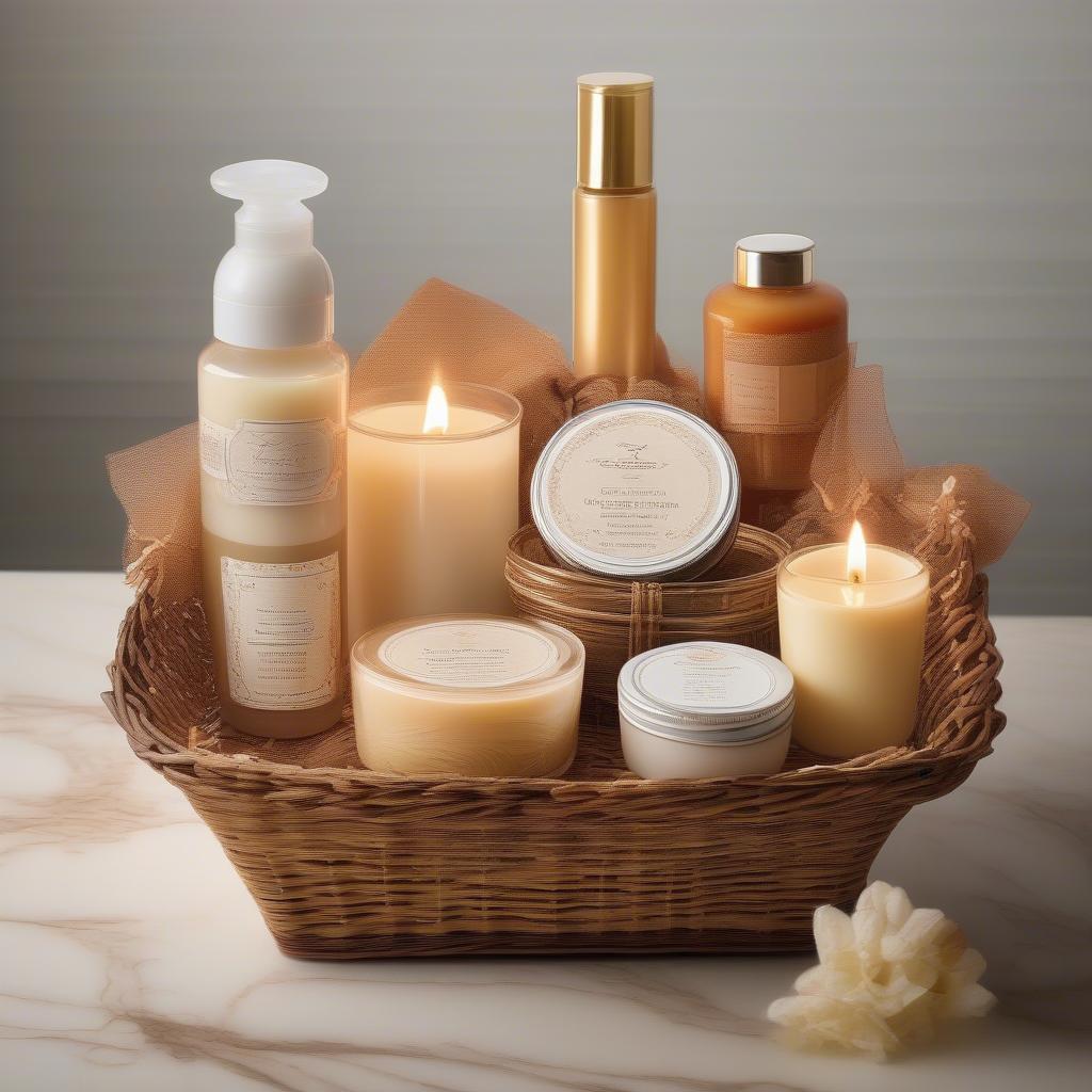 A wicker basket filled with various creme brulee scented products, including candles, soaps, and lotions.