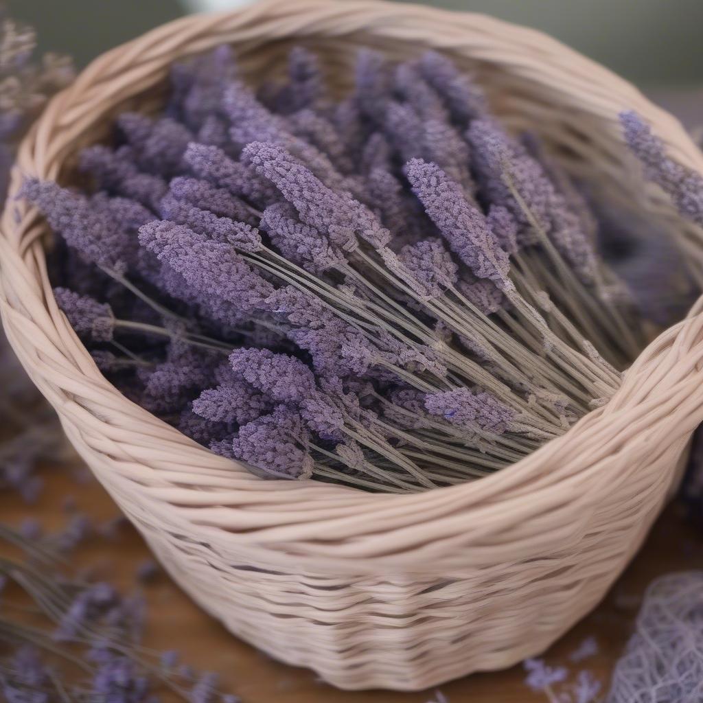 Wicker basket filled with lavender for a peaceful good night.