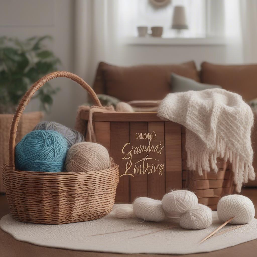 A close-up of a wicker basket with a personalized Smallwoods sign.