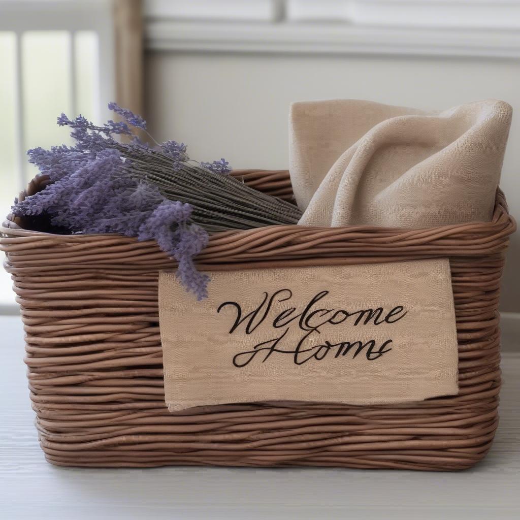 Wicker basket with a personalized script sign showcasing the beauty of combined natural materials.