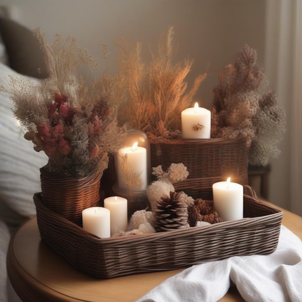 Wicker basket used as home decor, filled with dried flowers and fragrant candles.