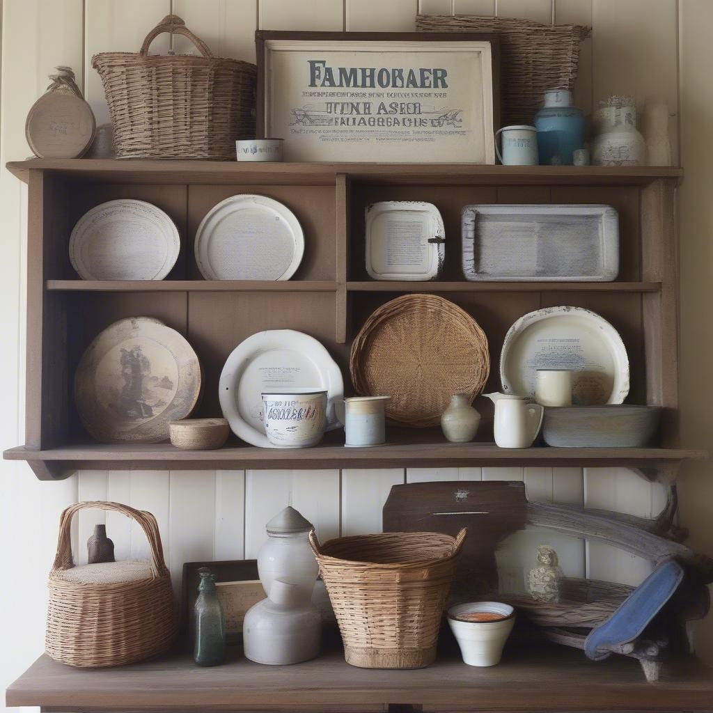 Wicker Baskets and Vintage Signs on Farmhouse Kitchen Wall