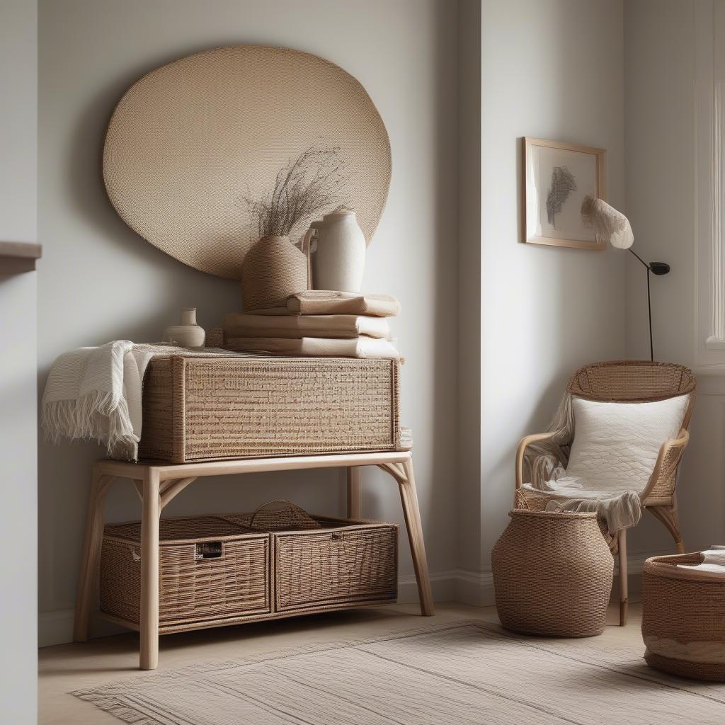 Wicker Baskets for Storage in an Art Dining Room