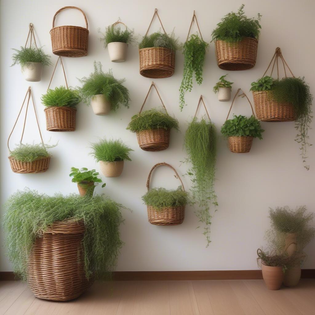 Vertical garden with wicker baskets and ceramic pots