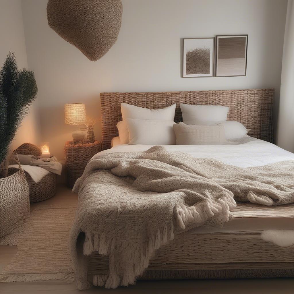 Wicker baskets used as decor in a couple's bedroom, adding a touch of rustic charm and providing storage solutions.