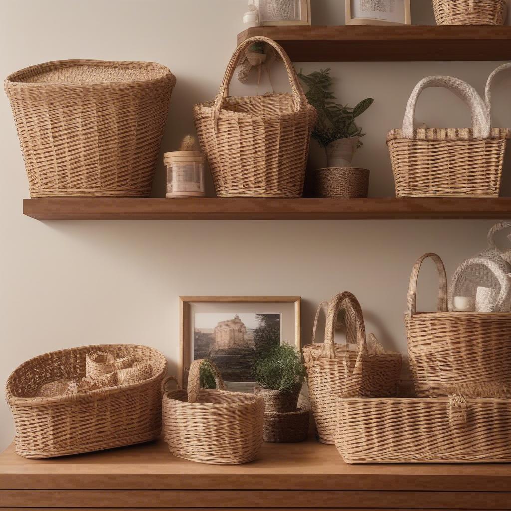 Wicker baskets used as unique photo displays, offering a natural and stylish alternative to traditional frames.