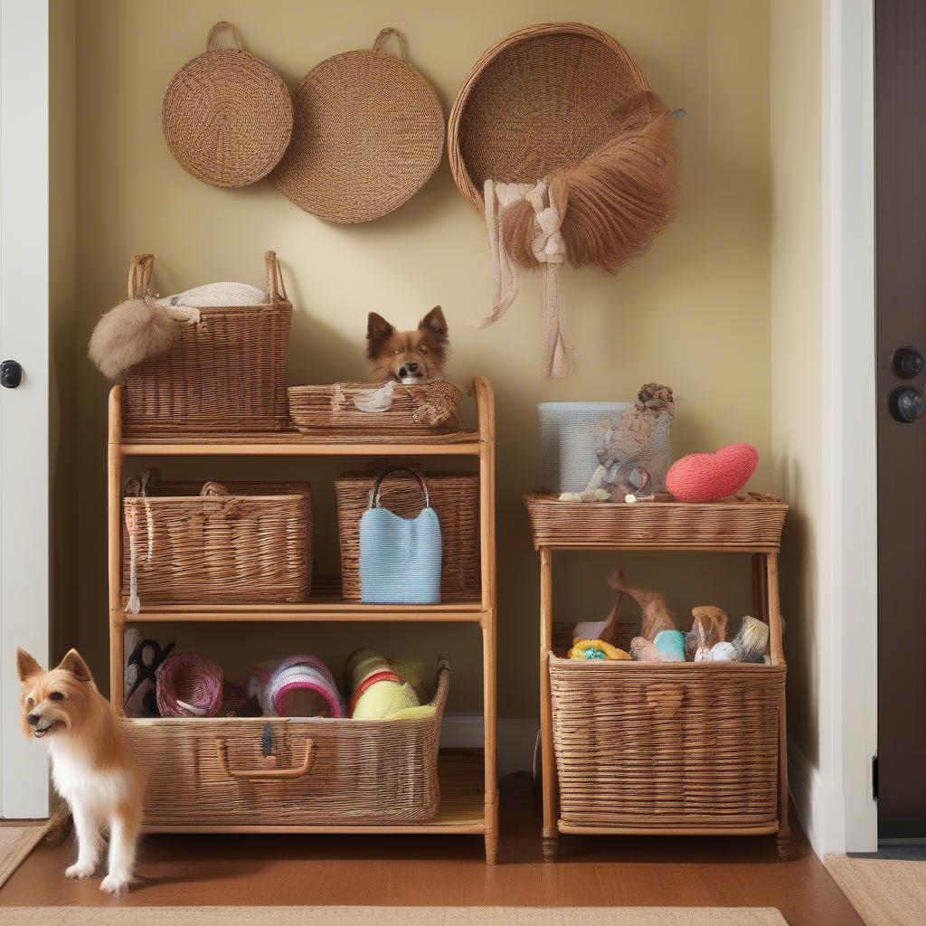 Wicker baskets for dog toy storage in an organized entryway.