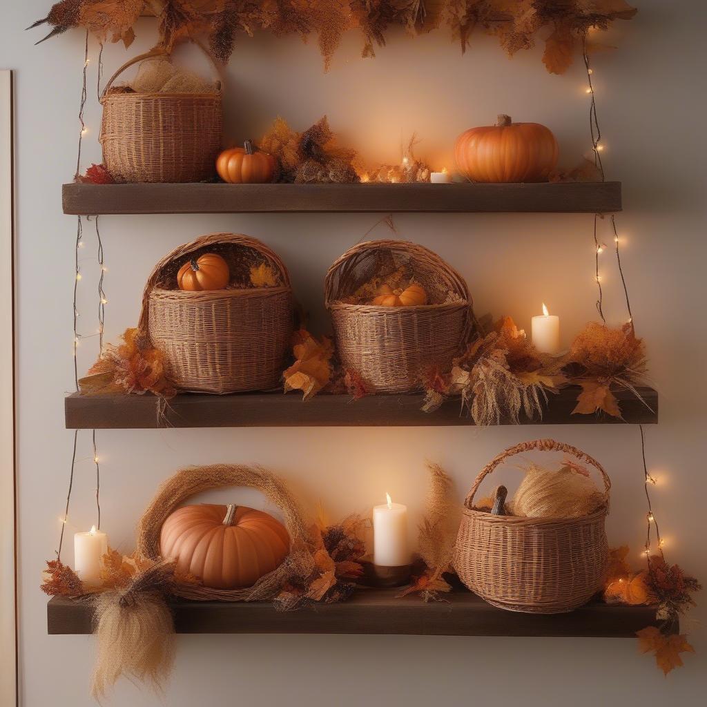 Wicker baskets arranged on a fall-themed wall, filled with pumpkins, gourds, and autumn foliage.