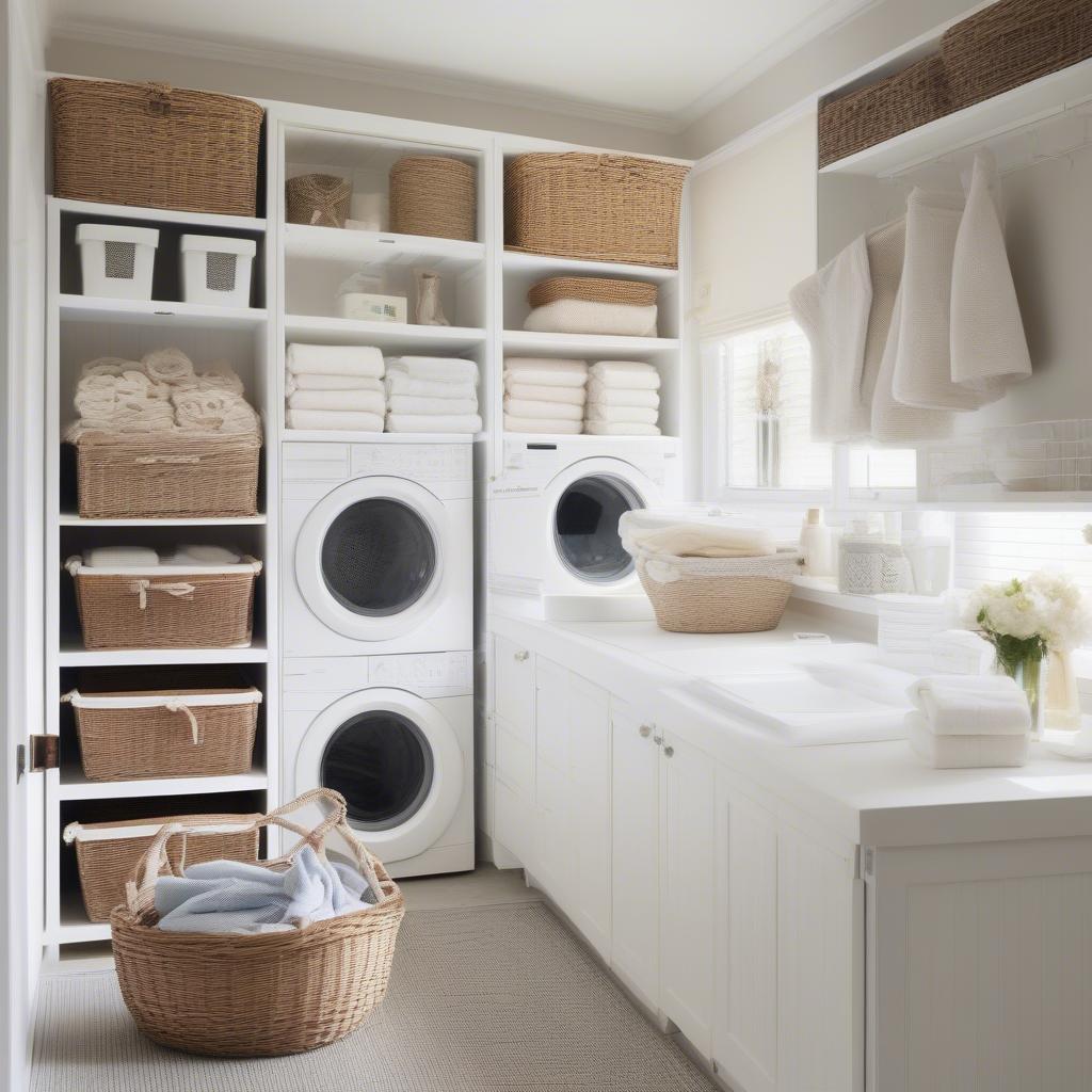 Wicker baskets neatly organizing laundry supplies on shelves in a bright and airy laundry room.