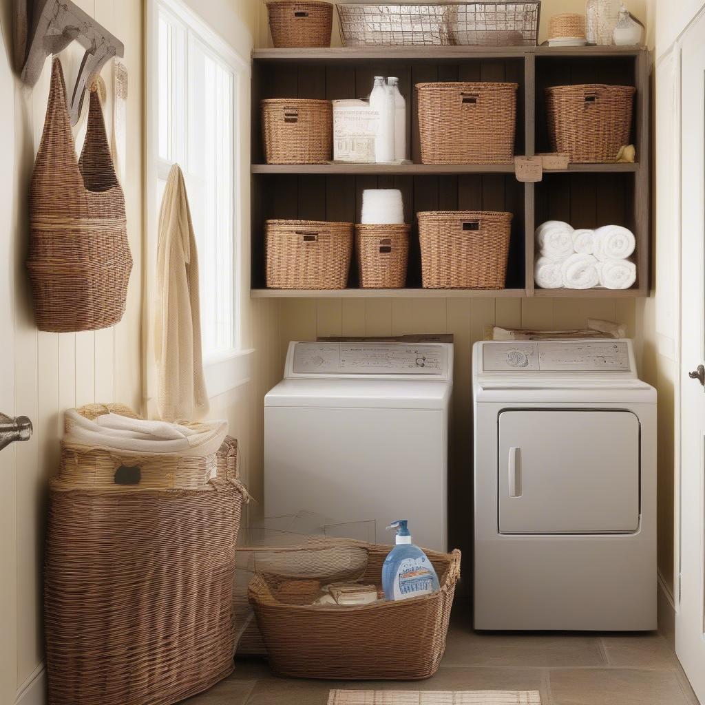 Wicker baskets hanging on a laundry room wall, adding storage and style.