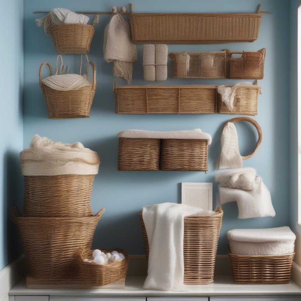 Wicker baskets hanging on a laundry room wall as stylish and functional decor.