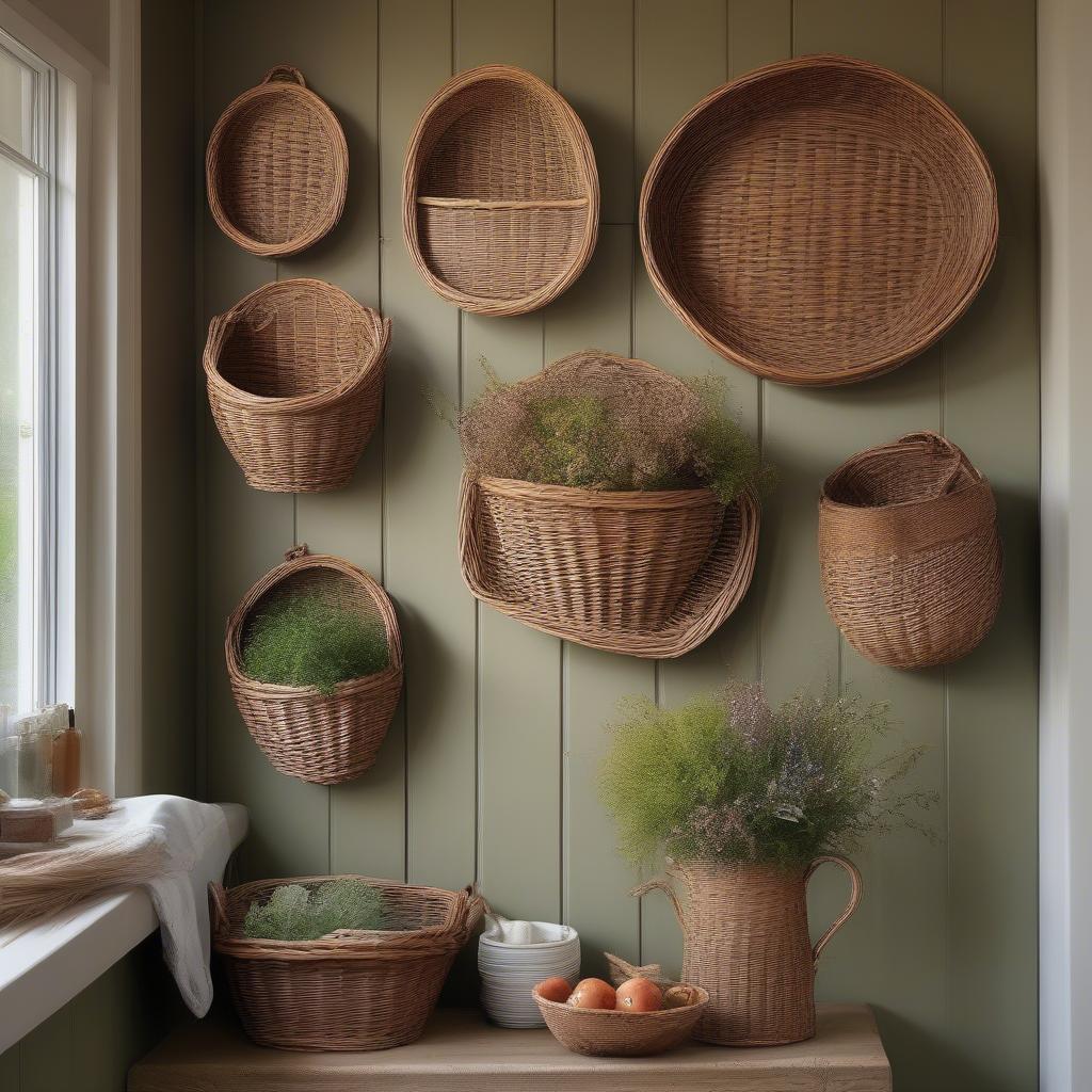 Wicker baskets of varying sizes and shapes arranged artfully on a rustic kitchen wall, adding texture and visual interest.