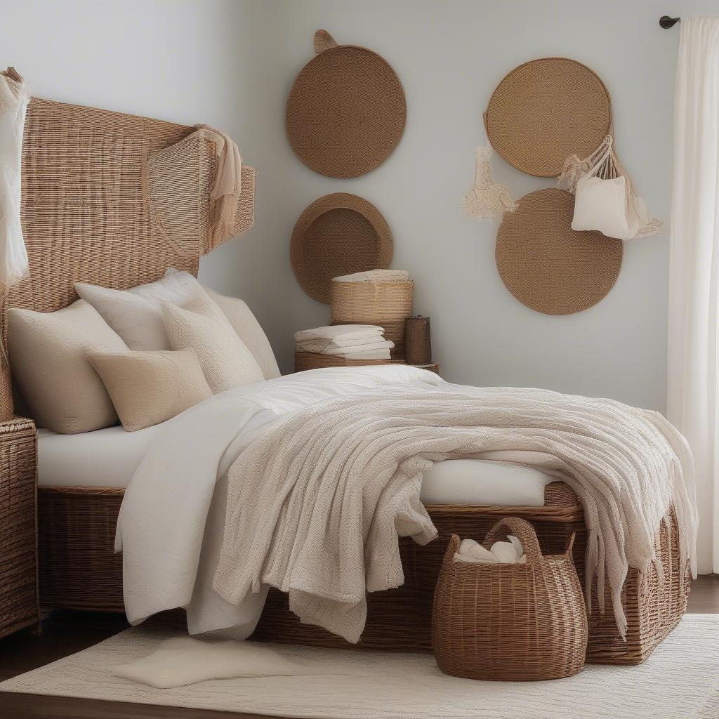 Wicker baskets used for stylish storage in a bedroom