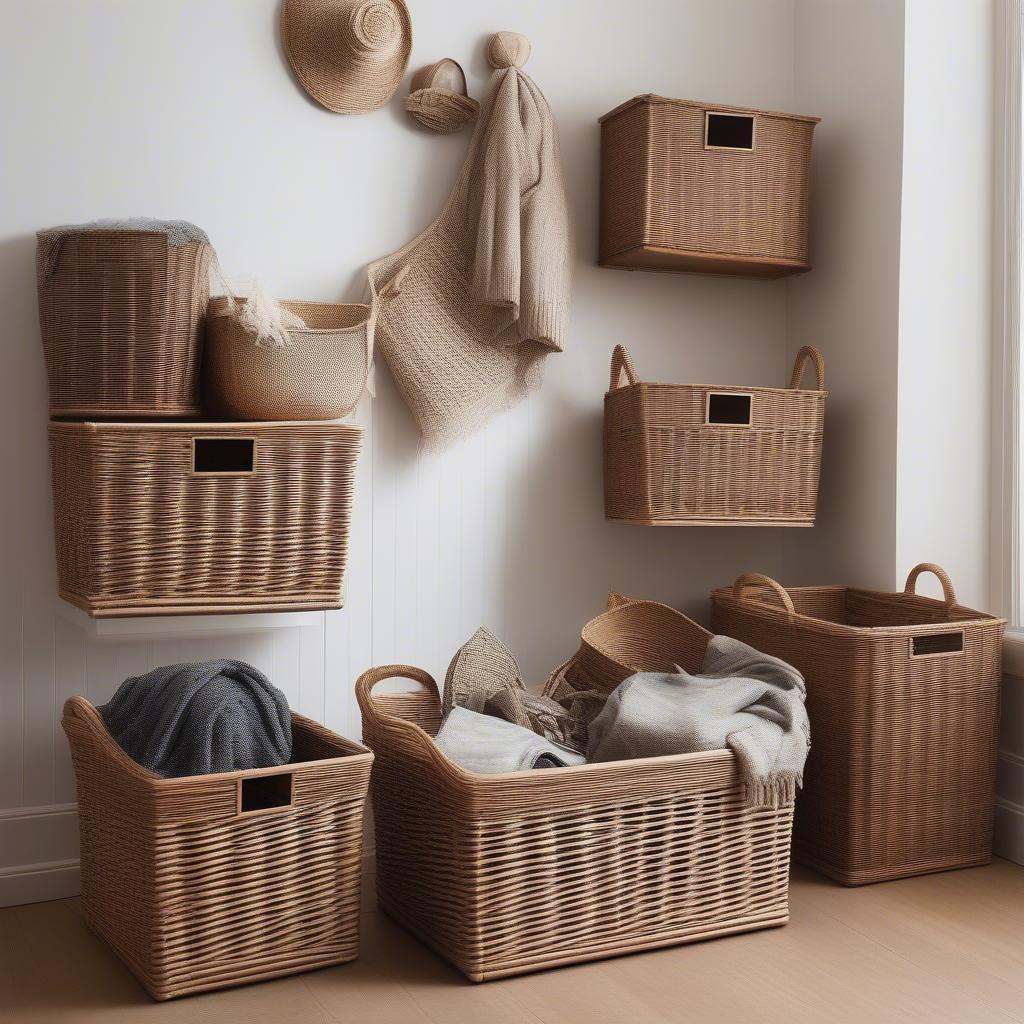 Wicker baskets used for storage, showcasing their practicality and aesthetic appeal in home organization.