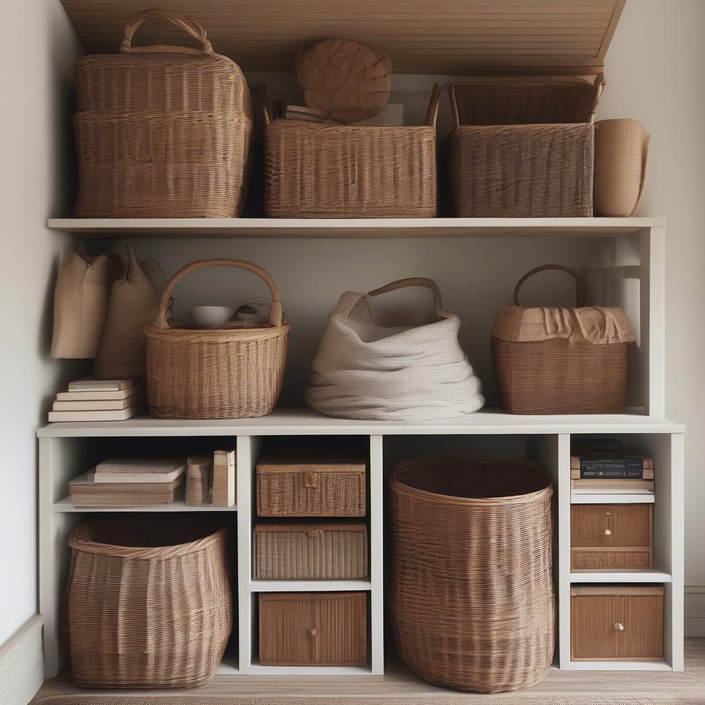 Wicker baskets used for storage in a woodhouse, adding a touch of rustic charm and organization.