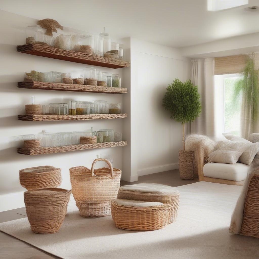 Wicker Baskets on Trio Glass Shelves