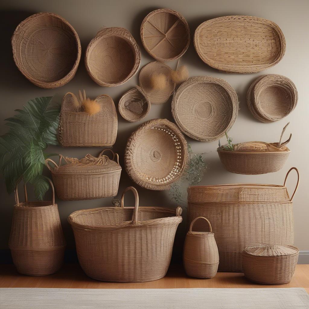 Wicker baskets as wall decor in a dining room create a rustic and charming ambiance